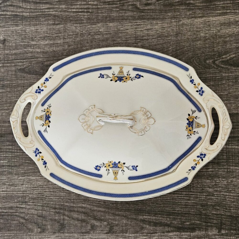 WH Grindley & Co England Serving Dish Chelsey Ivory Blue White Yellow Floral VTG - Picture 3 of 16